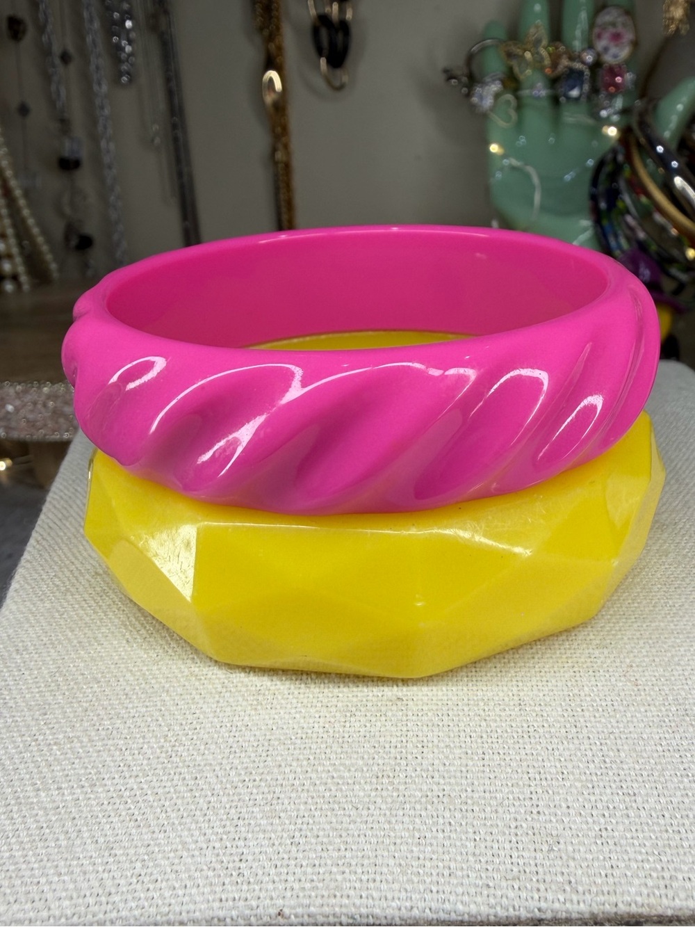 Vintage Lucite Bangles Set 2 Yellow And Pink Lot Jewelry Retro Chunky Colorful